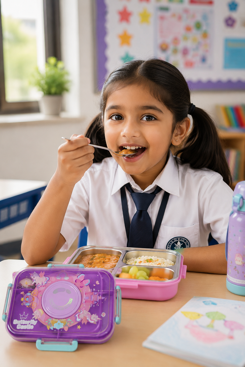 Purple - 3 Compartment Stainless Steel Lunch Box for Kids with Spoon and Handle