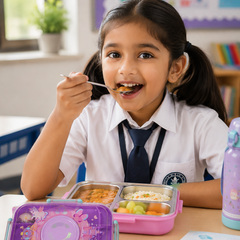 Purple - 3 Compartment Stainless Steel Lunch Box for Kids with Spoon and Handle