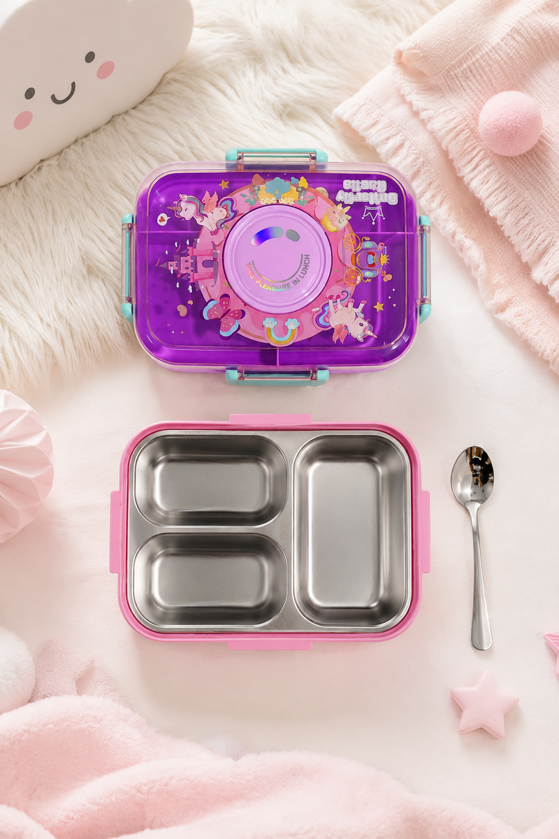 Purple - 3 Compartment Stainless Steel Lunch Box for Kids with Spoon and Handle