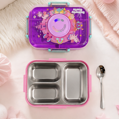 Purple - 3 Compartment Stainless Steel Lunch Box for Kids with Spoon and Handle