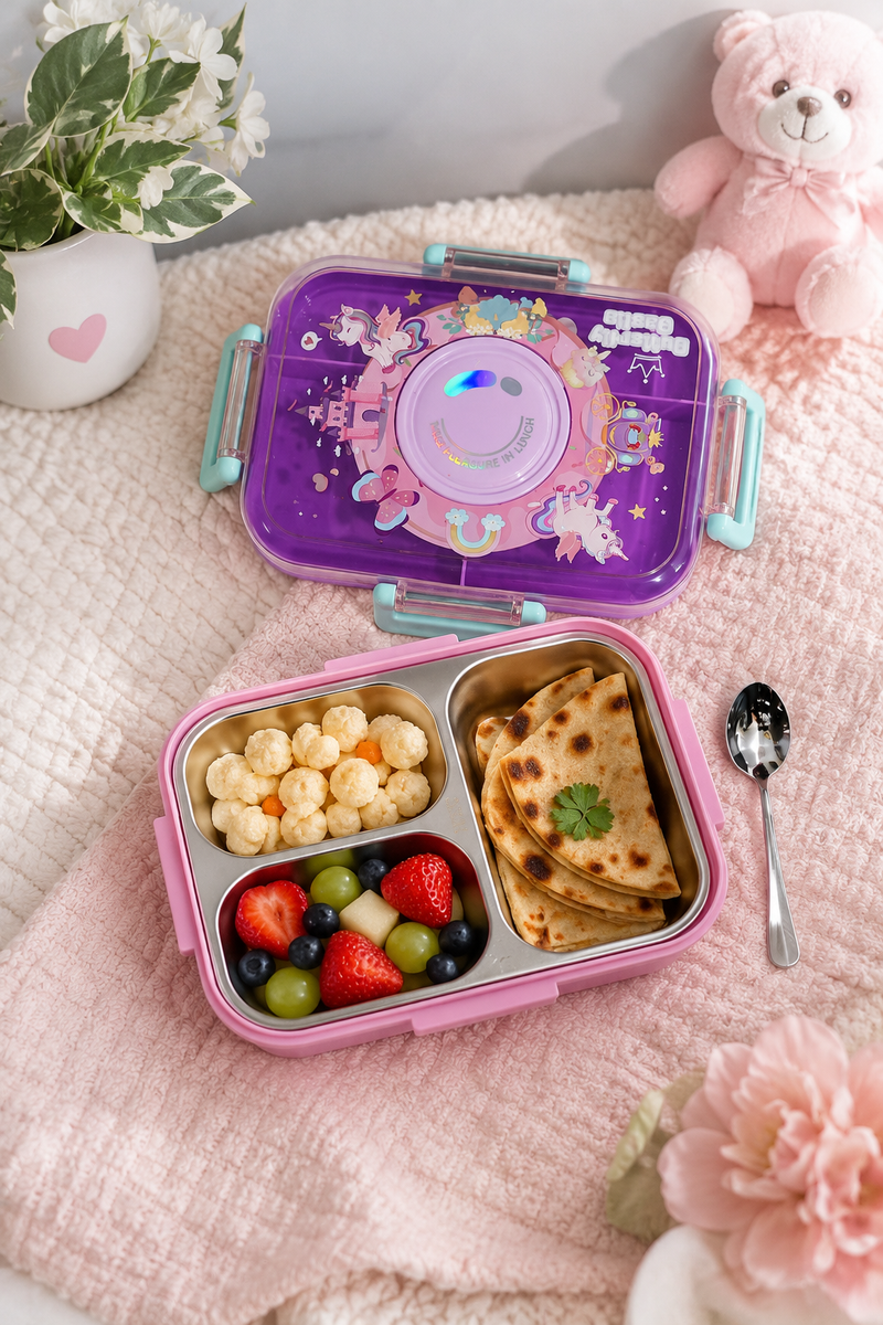 Purple - 3 Compartment Stainless Steel Lunch Box for Kids with Spoon and Handle