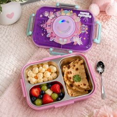 Purple - 3 Compartment Stainless Steel Lunch Box for Kids with Spoon and Handle