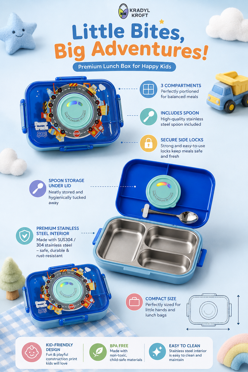 Blue - 3 Compartment Stainless Steel Lunch Box for Kids with Spoon and Handle