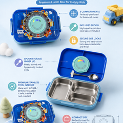 Blue - 3 Compartment Stainless Steel Lunch Box for Kids with Spoon and Handle