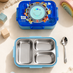 Blue - 3 Compartment Stainless Steel Lunch Box for Kids with Spoon and Handle