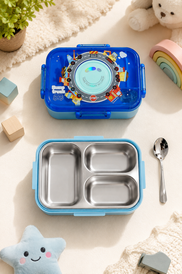 Blue - 3 Compartment Stainless Steel Lunch Box for Kids with Spoon and Handle