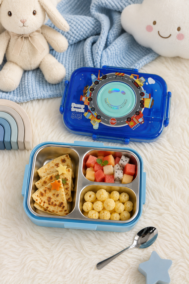 Blue - 3 Compartment Stainless Steel Lunch Box for Kids with Spoon and Handle