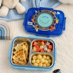 Blue - 3 Compartment Stainless Steel Lunch Box for Kids with Spoon and Handle