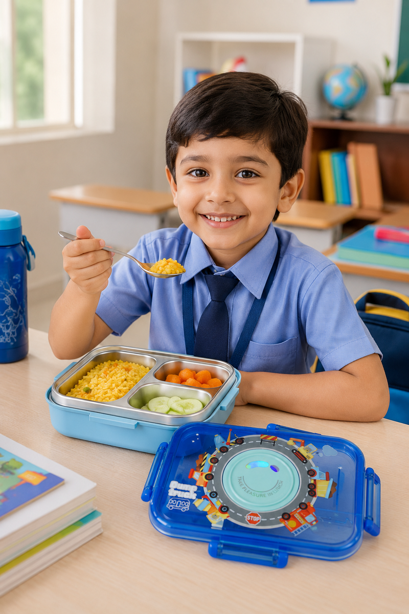 Blue - 3 Compartment Stainless Steel Lunch Box for Kids with Spoon and Handle