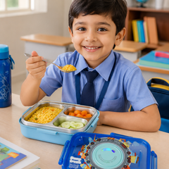 Blue - 3 Compartment Stainless Steel Lunch Box for Kids with Spoon and Handle