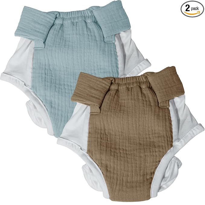 Muslin Adjustable Reusable Diaper Pants with Velcro Closure - (Blue and Camel Brown)