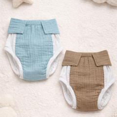 Muslin Adjustable Reusable Diaper Pants with Velcro Closure - (Blue and Camel Brown)