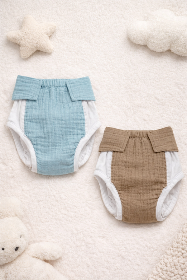 Muslin Adjustable Reusable Diaper Pants with Velcro Closure - (Blue and Camel Brown)