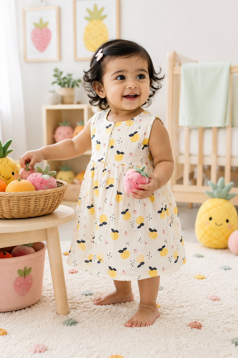 Girls Dress | Sleeveless | Premium Crinkled Double Layered Muslin Fabric - Design 20