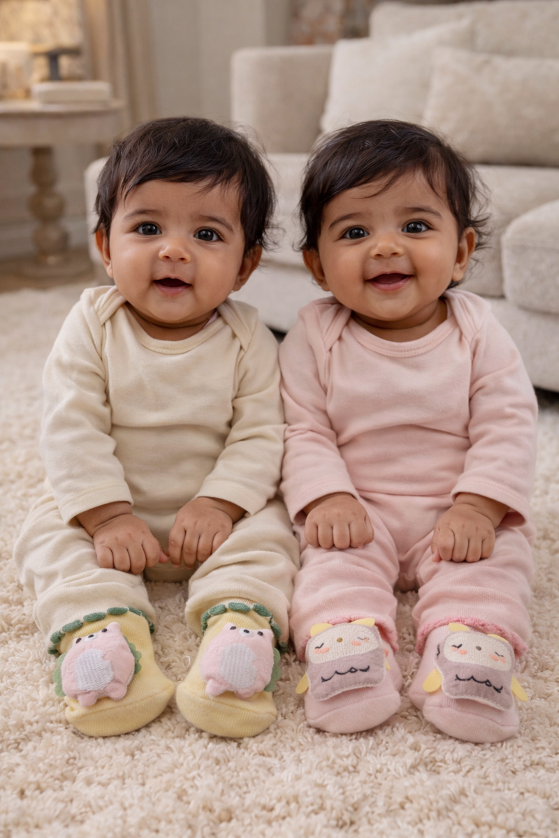 Little Owl- Set of 2 100% Cotton Baby Booties Socks for 0 to 12 Months
