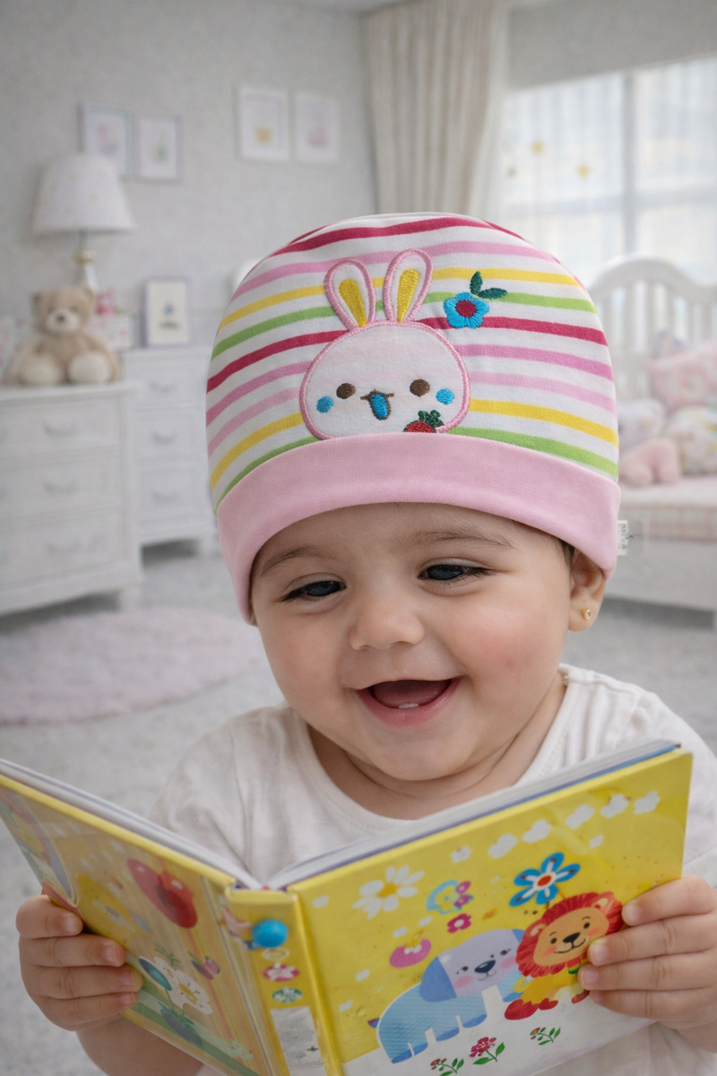 Kradyl Kroft Cotton Baby Cap | Stretchy Fabric | Good Fit - Pink Bunny
