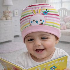 Kradyl Kroft Cotton Baby Cap | Stretchy Fabric | Good Fit - Pink Bunny