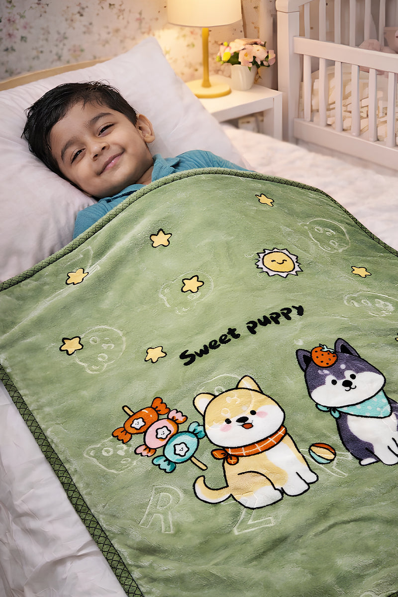 Kradyl Kroft Plush Double Layered Velvet with Two Side Printed Kids Blanket - Sweet Puppy Green
