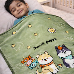 Kradyl Kroft Plush Double Layered Velvet with Two Side Printed Kids Blanket - Sweet Puppy Green
