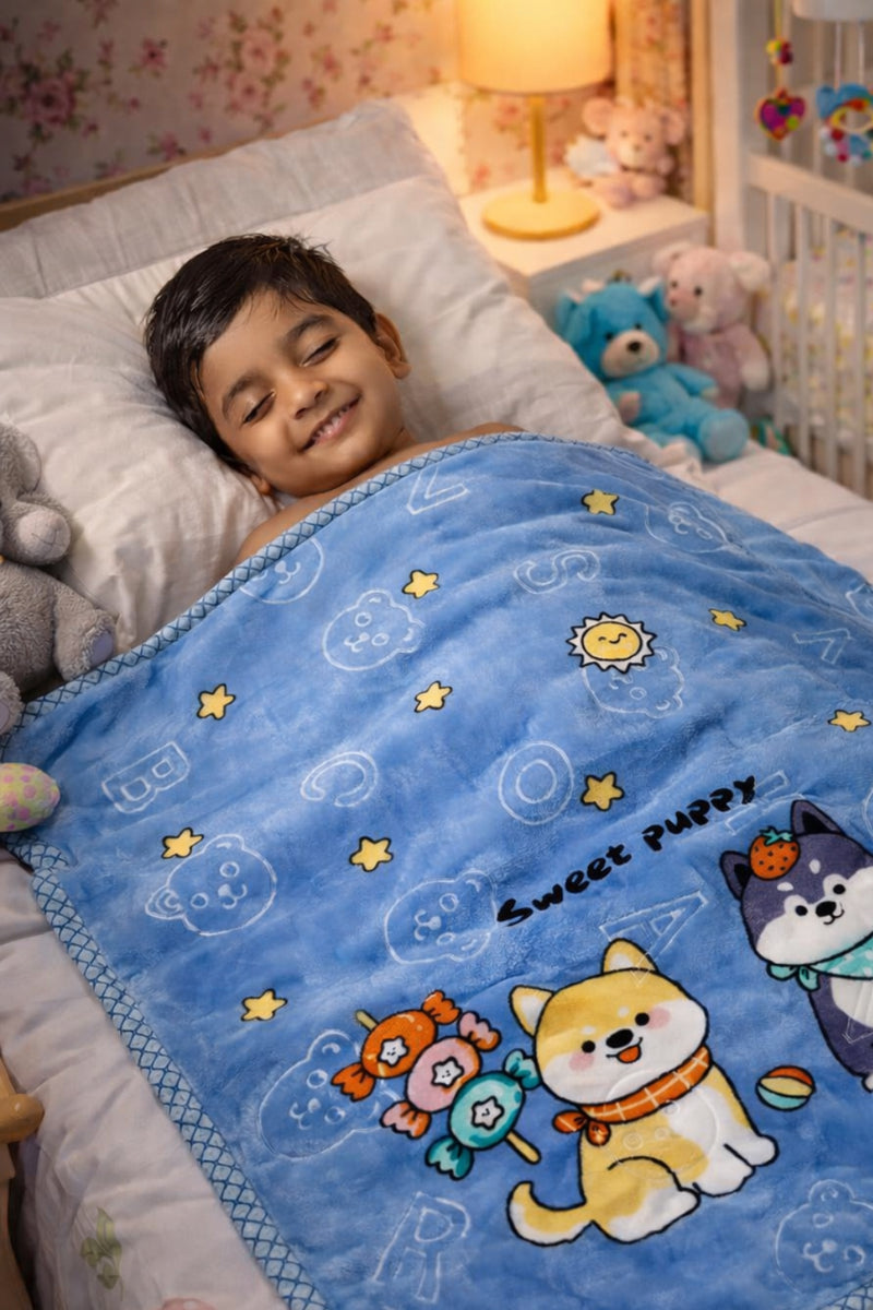 Kradyl Kroft Plush Double Layered Velvet with Two Side Printed Kids Blanket - Sweet Puppy Blue