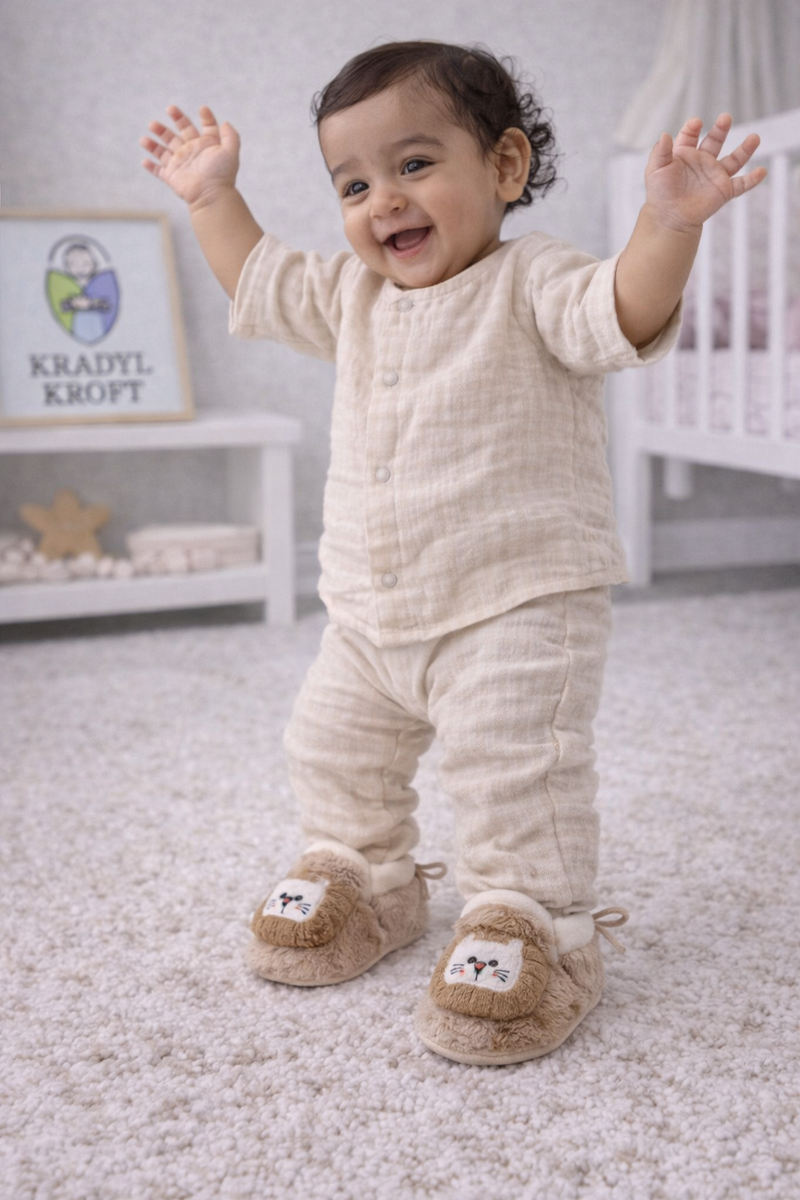 Kradyl Kroft 6-18 Months Booties with Drawstrings | Kids First Walking Soft Fabric Fur Shoes with Anti Slip Sole-Fluffy Beige