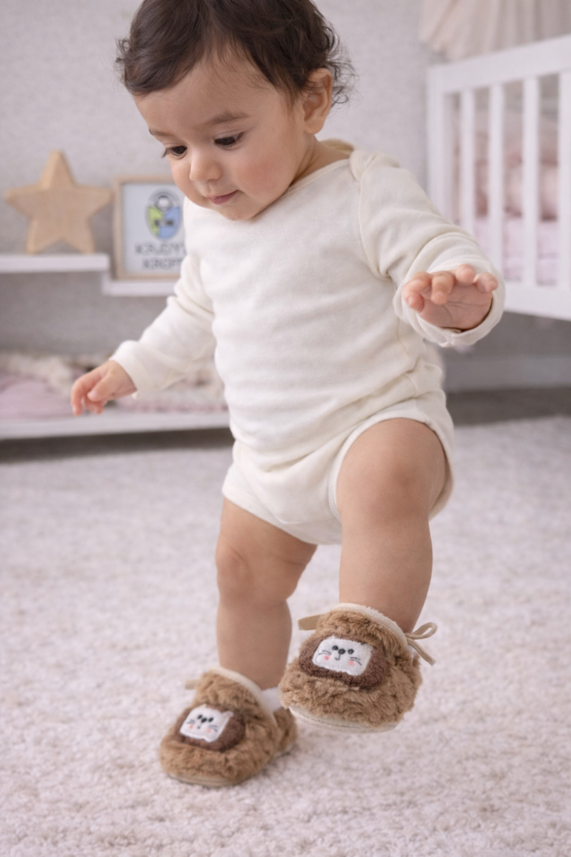 Kradyl Kroft 6-18 Months Booties with Drawstrings | Kids First Walking Soft Fabric Fur Shoes with Anti Slip Sole-Brown Kitty