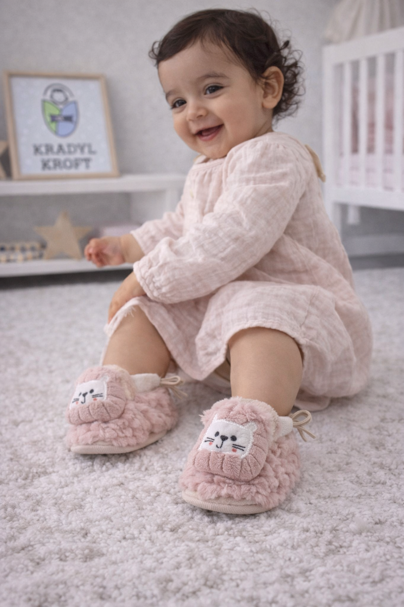 Kradyl Kroft 6-18 Months Booties with Drawstrings | Kids First Walking Soft Fabric Fur Shoes with Anti Slip Sole-Fluffy Pink