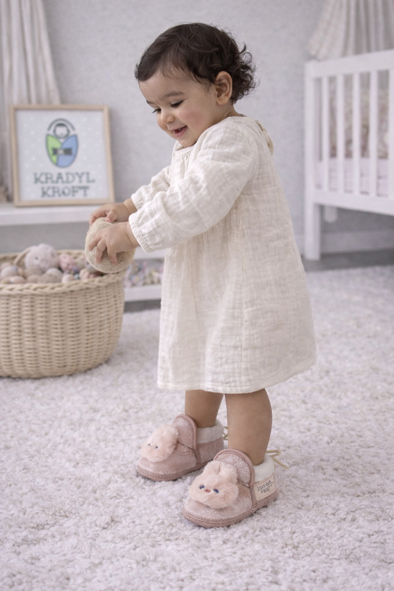 Kradyl Kroft 6-18 Months Booties with Drawstrings | Kids First Walking Soft Fabric Fur Shoes with Anti Slip Sole-Pink Bunny
