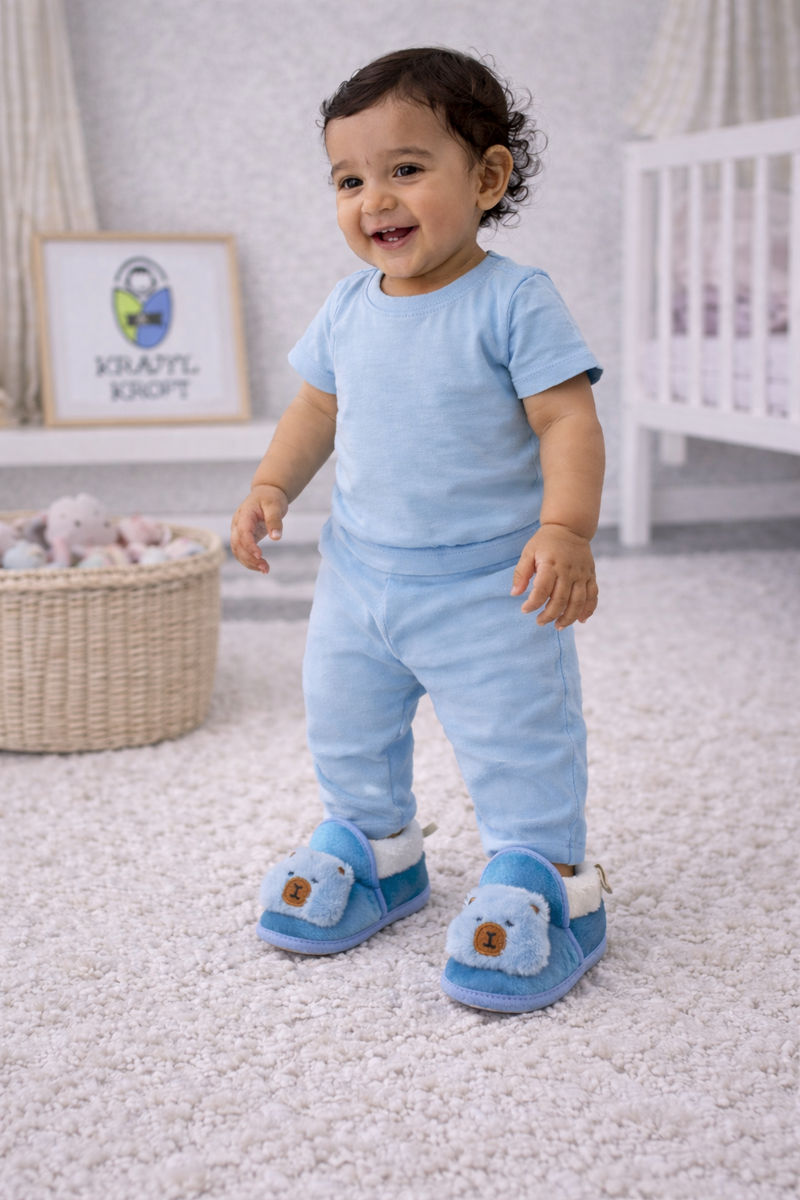 Kradyl Kroft 6-18 Months Booties with Drawstrings | Kids First Walking Soft Fabric Fur Shoes with Anti Slip Sole-BlueBear