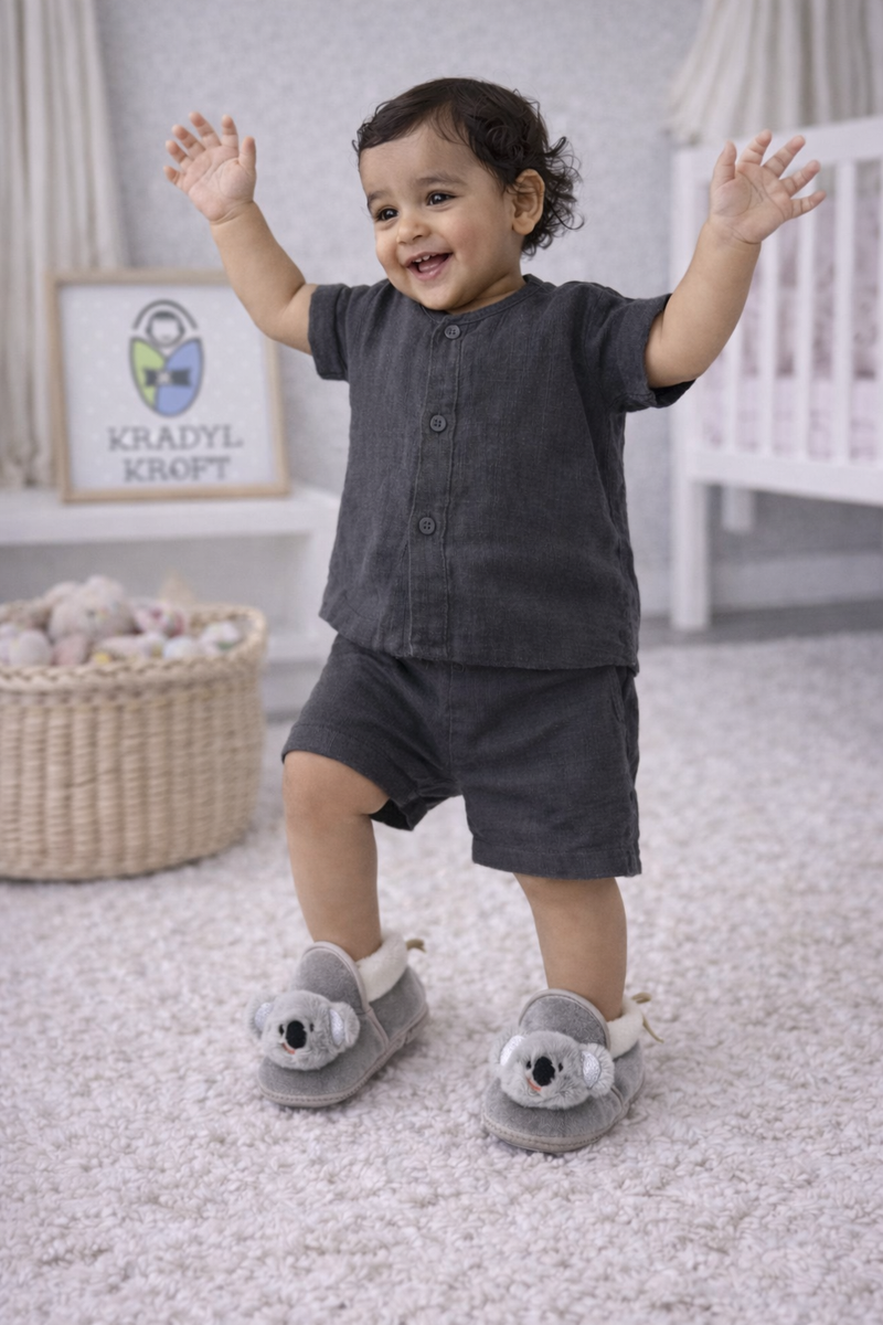 Kradyl Kroft 6-18 Months Booties with Drawstrings | Kids First Walking Soft Fabric Fur Shoes with Anti Slip Sole-Grey Koala