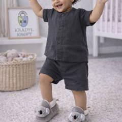 Kradyl Kroft 6-18 Months Booties with Drawstrings | Kids First Walking Soft Fabric Fur Shoes with Anti Slip Sole-Grey Koala