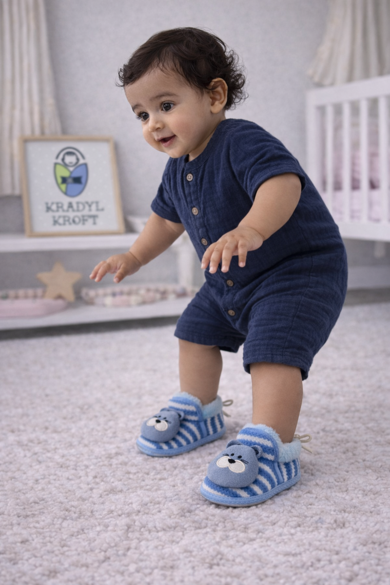 Kradyl Kroft 6-18 Months Booties with Drawstrings | Kids First Walking Soft Fabric Fur Shoes with Anti Slip Sole-Blue Stripes