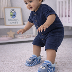 Kradyl Kroft 6-18 Months Booties with Drawstrings | Kids First Walking Soft Fabric Fur Shoes with Anti Slip Sole-Blue Stripes