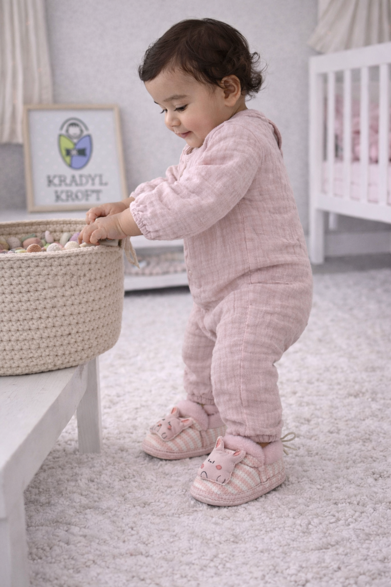 Kradyl Kroft 6-18 Months Booties with Drawstrings | Kids First Walking Soft Fabric Fur Shoes with Anti Slip Sole-Pink Stripes