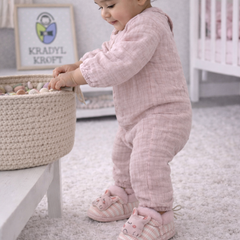 Kradyl Kroft 6-18 Months Booties with Drawstrings | Kids First Walking Soft Fabric Fur Shoes with Anti Slip Sole-Pink Stripes