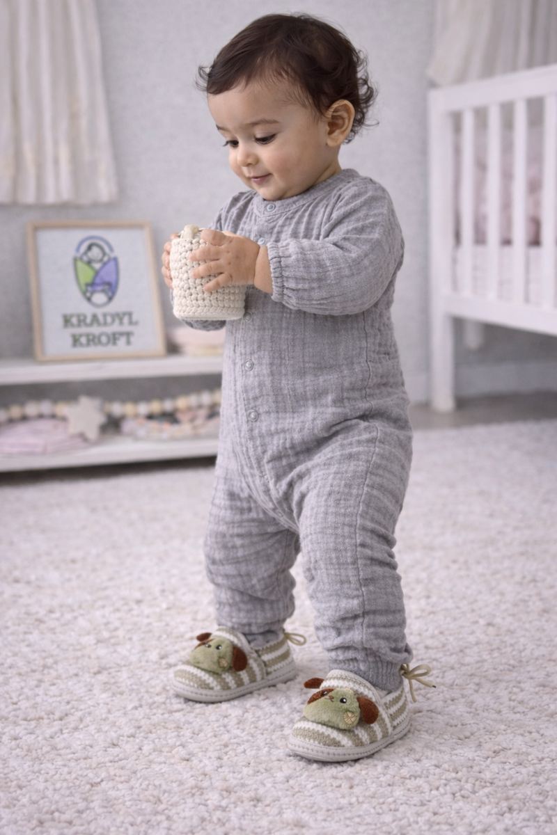 Kradyl Kroft 6-18 Months Booties with Drawstrings | Kids First Walking Soft Fabric Fur Shoes with Anti Slip Sole-Green Puppy