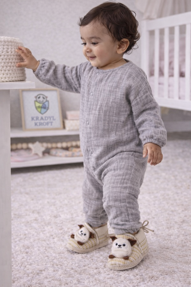 Kradyl Kroft 6-18 Months Booties with Drawstrings | Kids First Walking Soft Fabric Fur Shoes with Anti Slip Sole-Beige Pchu