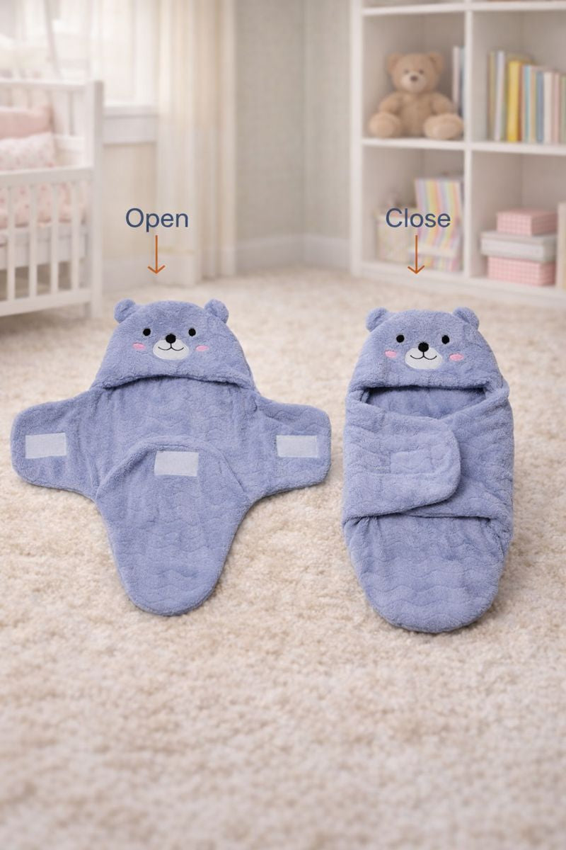 Soft Velvet Fleece Newborn Baby Embroidered Hooded Swaddle Blanket for 0-6 Months - Purple Bear