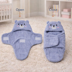Soft Velvet Fleece Newborn Baby Embroidered Hooded Swaddle Blanket for 0-6 Months - Purple Bear