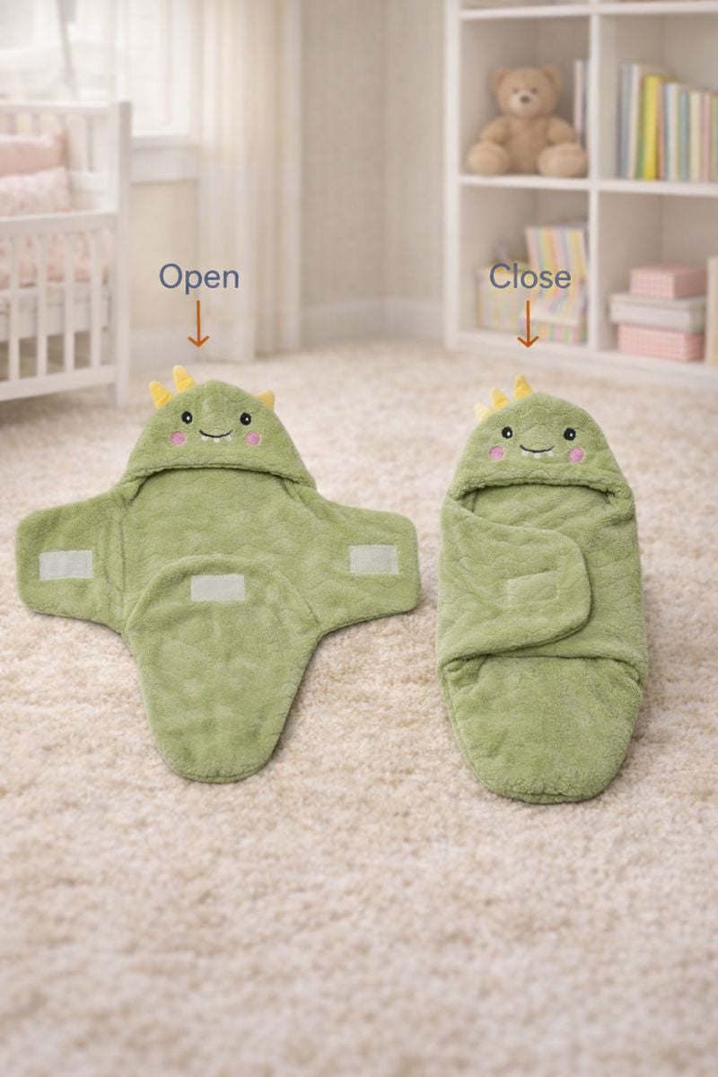 Soft Velvet Fleece Newborn Baby Embroidered Hooded Swaddle Blanket for 0-6 Months - Green Dino