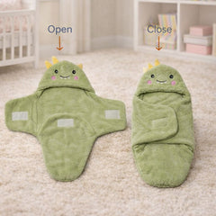 Soft Velvet Fleece Newborn Baby Embroidered Hooded Swaddle Blanket for 0-6 Months - Green Dino