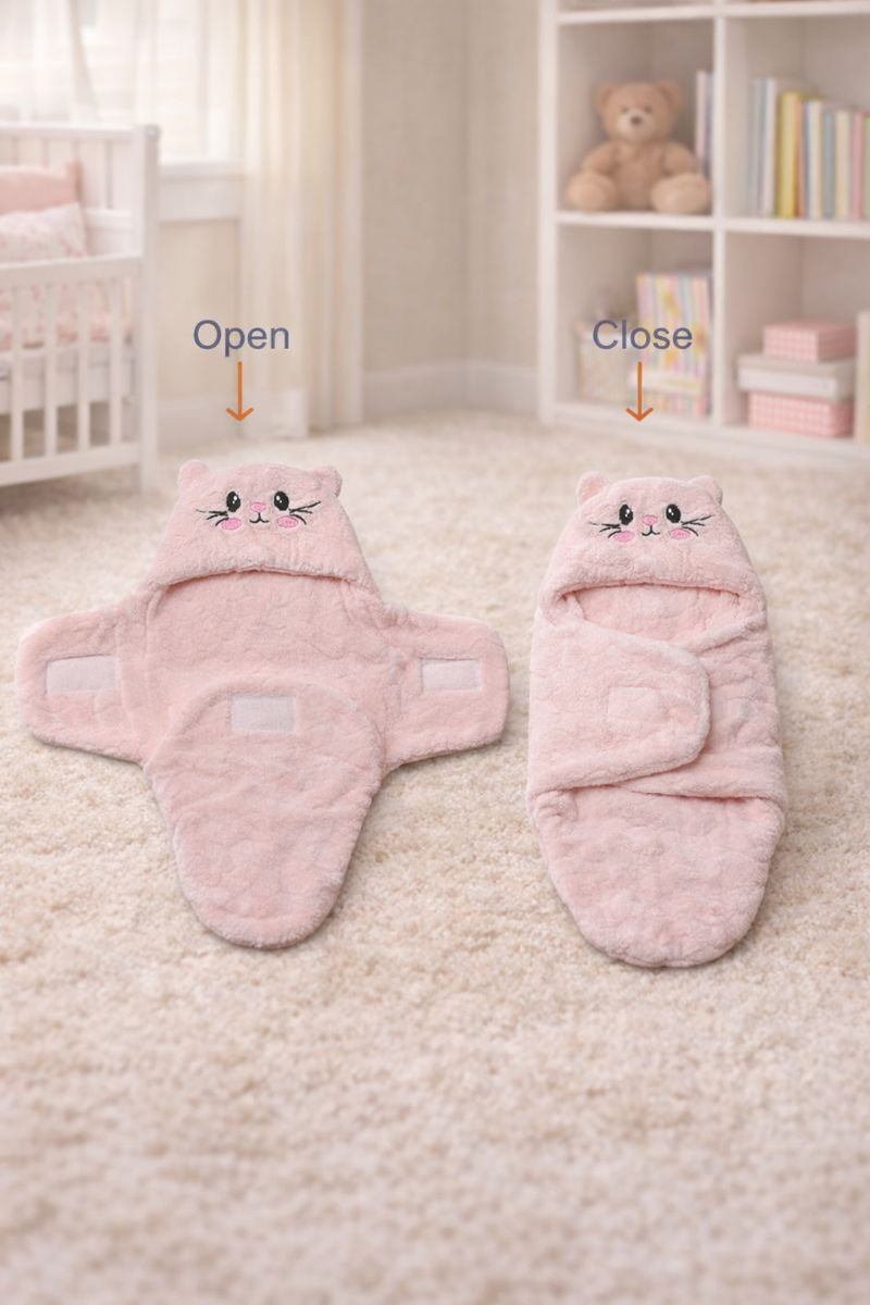 Soft Velvet Fleece Newborn Baby Embroidered Hooded Swaddle Blanket for 0-6 Months - Pink Cat