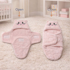 Soft Velvet Fleece Newborn Baby Embroidered Hooded Swaddle Blanket for 0-6 Months - Pink Cat
