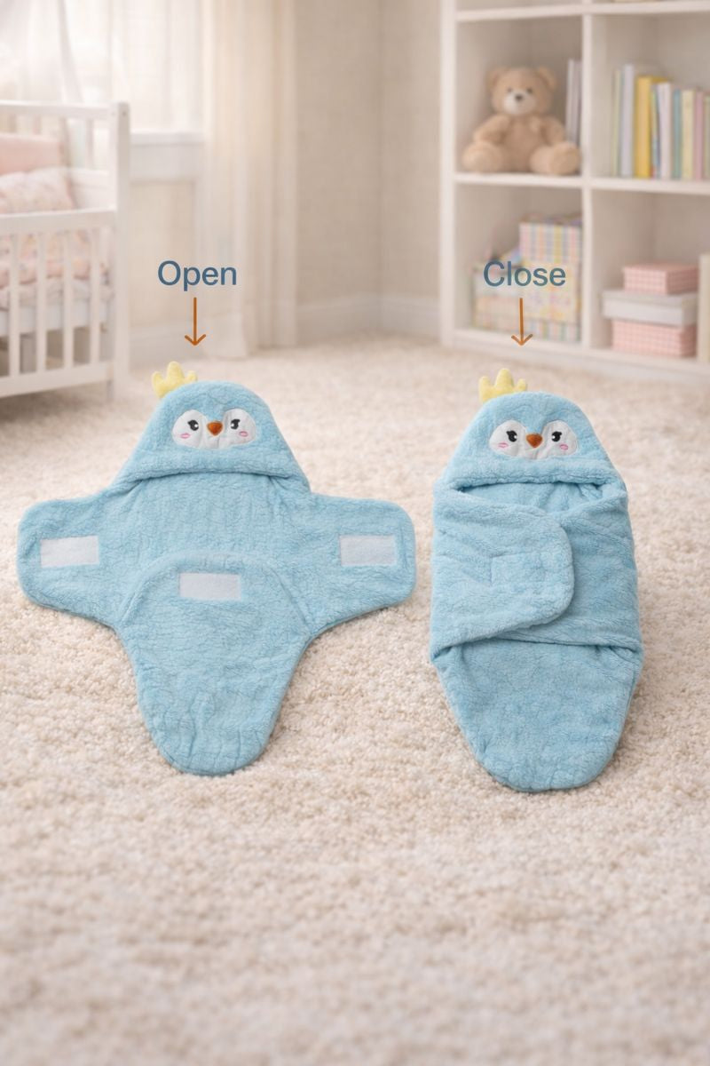 Soft Velvet Fleece Newborn Baby Embroidered Hooded Swaddle Blanket for 0-6 Months - Blue Poulet