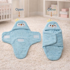 Soft Velvet Fleece Newborn Baby Embroidered Hooded Swaddle Blanket for 0-6 Months - Blue Poulet
