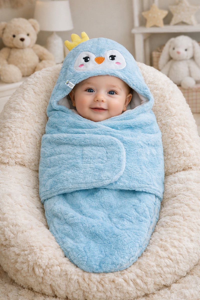 Soft Velvet Fleece Newborn Baby Embroidered Hooded Swaddle Blanket for 0-6 Months - Blue Poulet