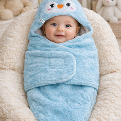Soft Velvet Fleece Newborn Baby Embroidered Hooded Swaddle Blanket for 0-6 Months - Blue Poulet