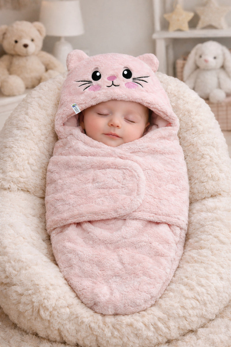 Soft Velvet Fleece Newborn Baby Embroidered Hooded Swaddle Blanket for 0-6 Months - Pink Cat