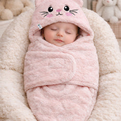 Soft Velvet Fleece Newborn Baby Embroidered Hooded Swaddle Blanket for 0-6 Months - Pink Cat