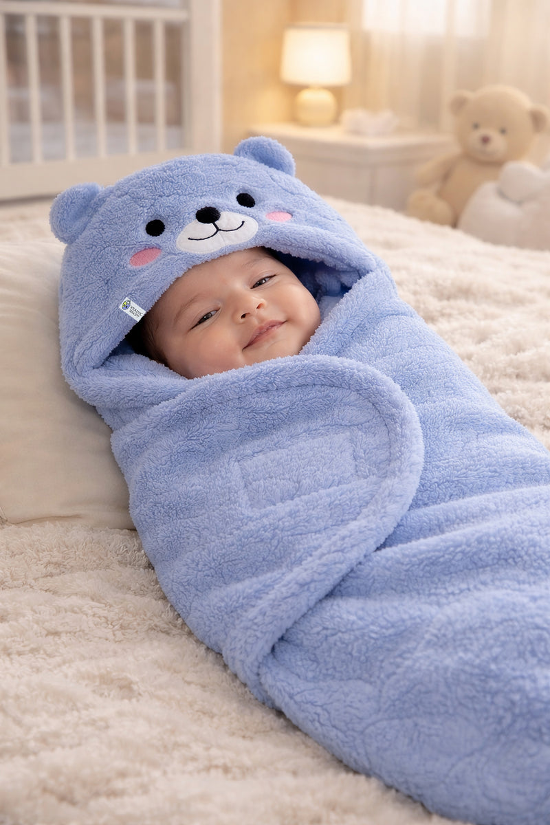 Soft Velvet Fleece Newborn Baby Embroidered Hooded Swaddle Blanket for 0-6 Months - Purple Bear